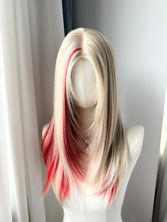 Scarlett 20" Layered Straight Glueless Synthetic Wig – Blonde & Red Highlight